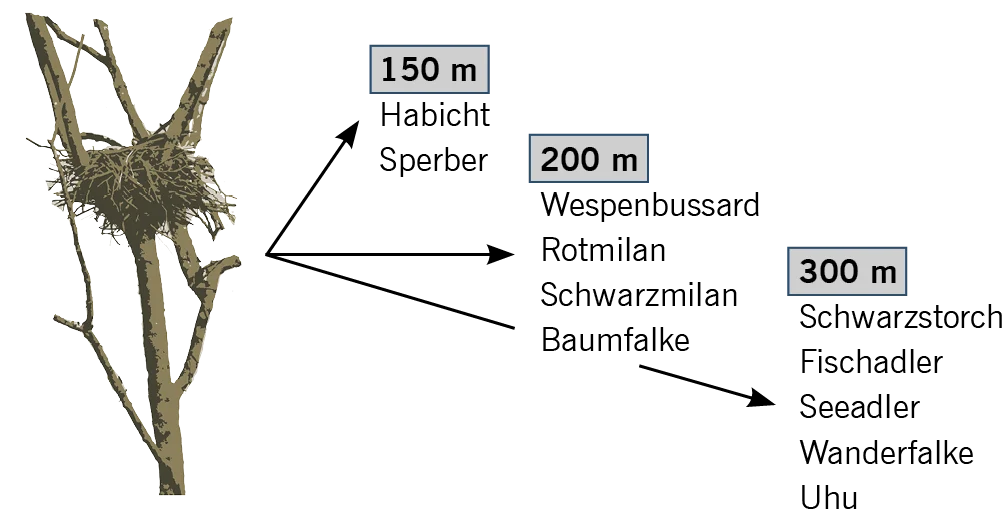 Die geeignete Schutzzonen sind von der Empfindlichkeit der jeweiligen Art abhängig, mindestens 150 m bis 300 m Radius