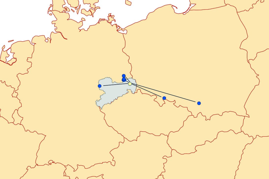 Beringungsorte von Großmöwen, welche an der Deponie Droben abgelesen wurden.