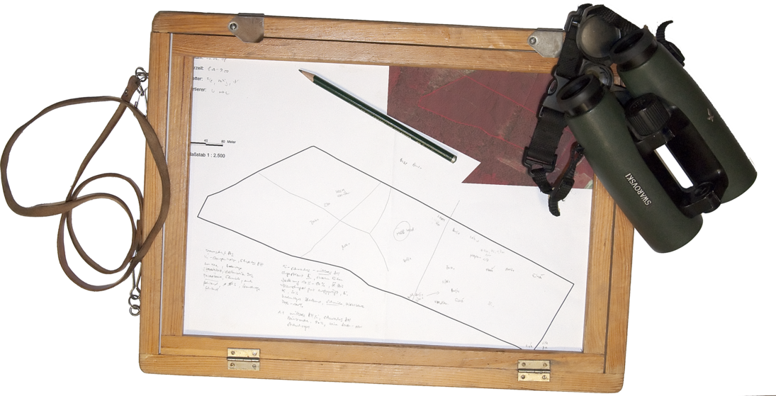 Arbeitswerkzeuge des Kartierers: Klemmbrett mit Karte, Stift und Fernglas. 