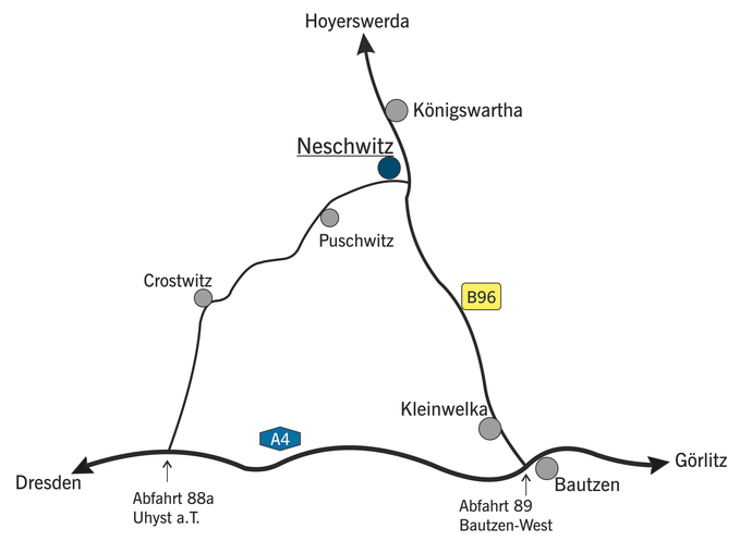 Karte mit verschieden Routen nach Neschwitz