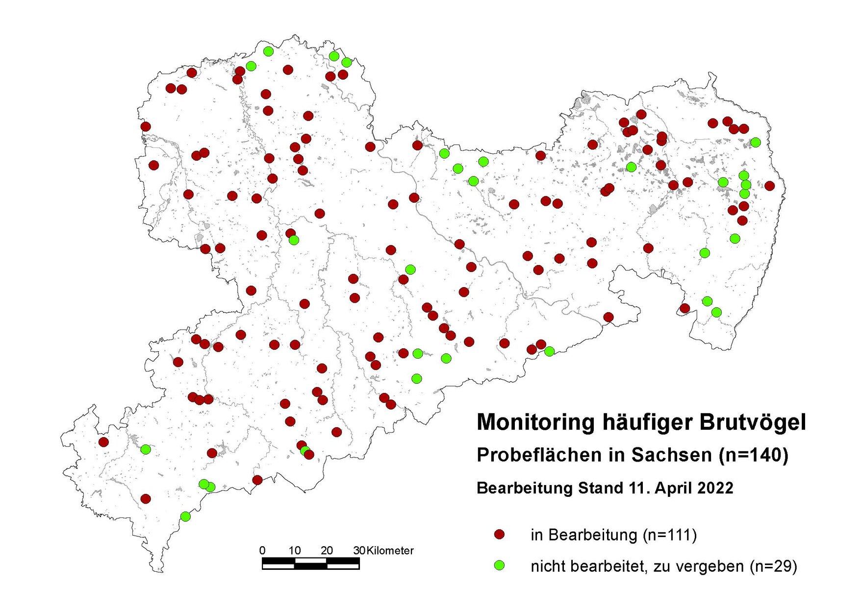 Lage der Probeflächen des Monitorings häufiger Brutvögel in Sachsen mit Angaben zum Stand der Bearbeitung