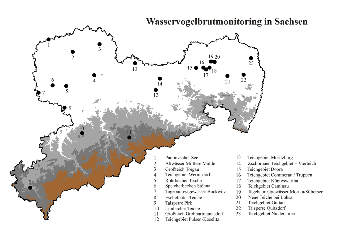 Untersuchungsgebiete des Wasservogel-Brutmonitorings in Sachsen. Im zweiten Durchgang (2013-2017) konnten die Gebiete „Tagebaurestgewässer Mortka/Silbersee“ und „Neue Teiche bei Lohsa“ (= Ratzener Teiche) wegen der aus Sicherheitsgründen eingeschränkten B