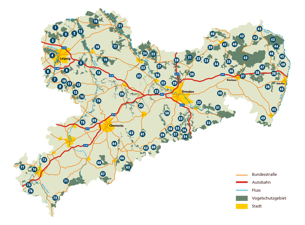 Lage und Ausdehnung der 77 Europäischen Vogelschutzgebiete in Sachsen