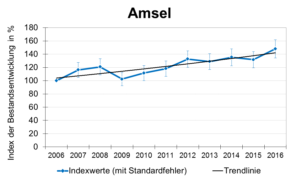 Beispiel: Der ermittelte Bestandstrend der Amsel (Turdus merula) deutet auf eine starke Zunahme der Art in Sachsen im letzten Jahrzehnt hin.