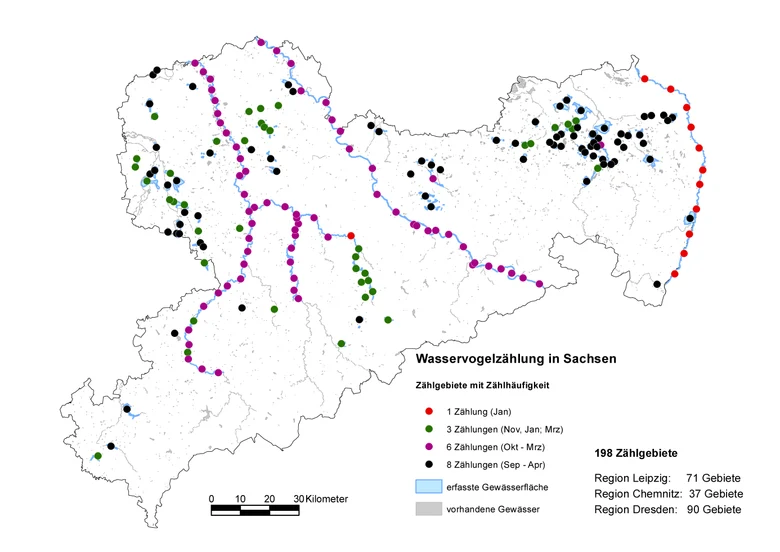 Übersichtskarte der Zählgebiete der Internationalen Wasservogelzählung in Sachsen