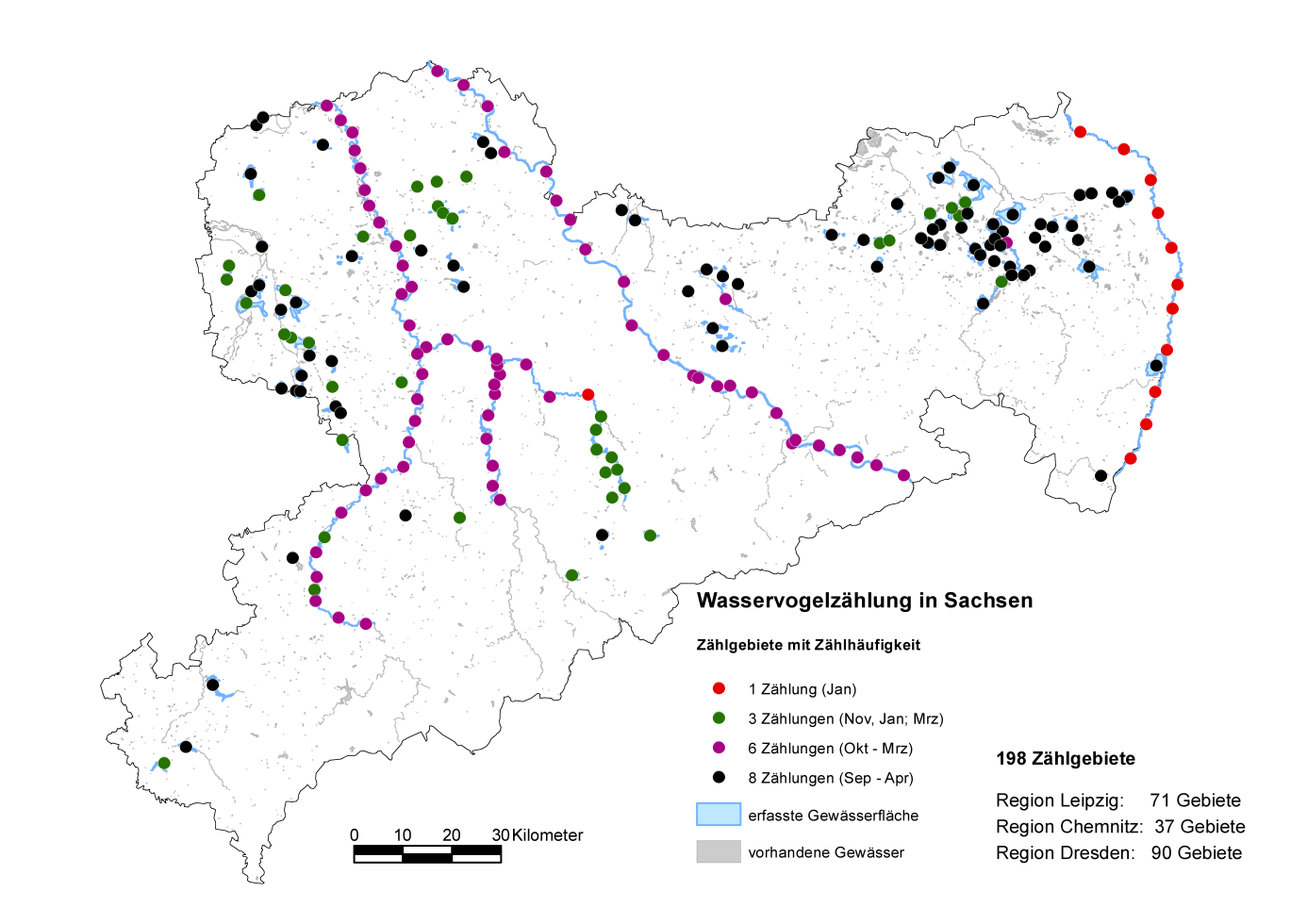 Übersichtskarte der Zählgebiete der Internationalen Wasservogelzählung in Sachsen