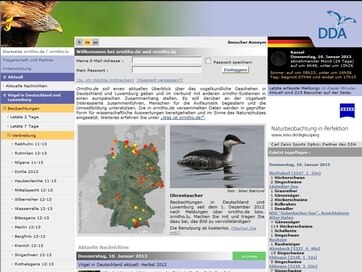 Startseite der Meldeplattform Ornitho.de