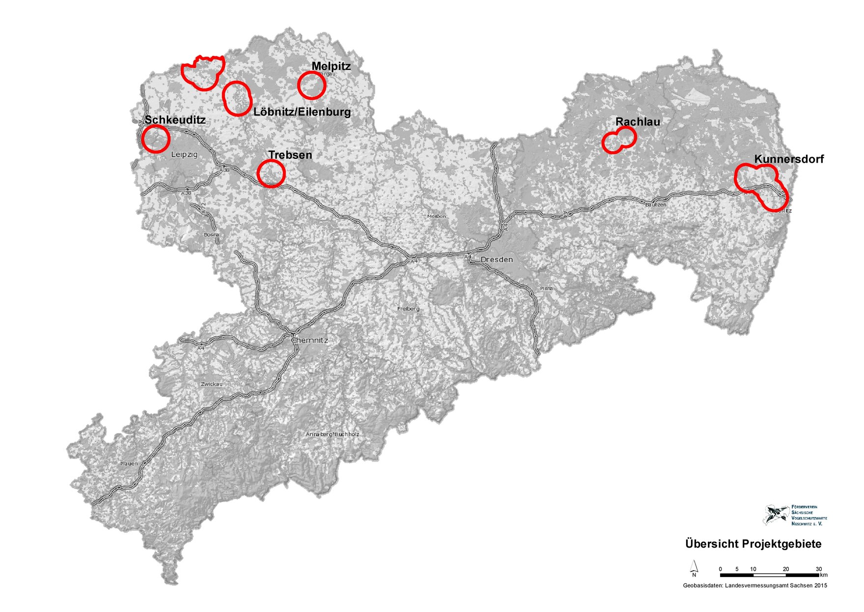 Die sechs Projektgebiete in Sachsen.