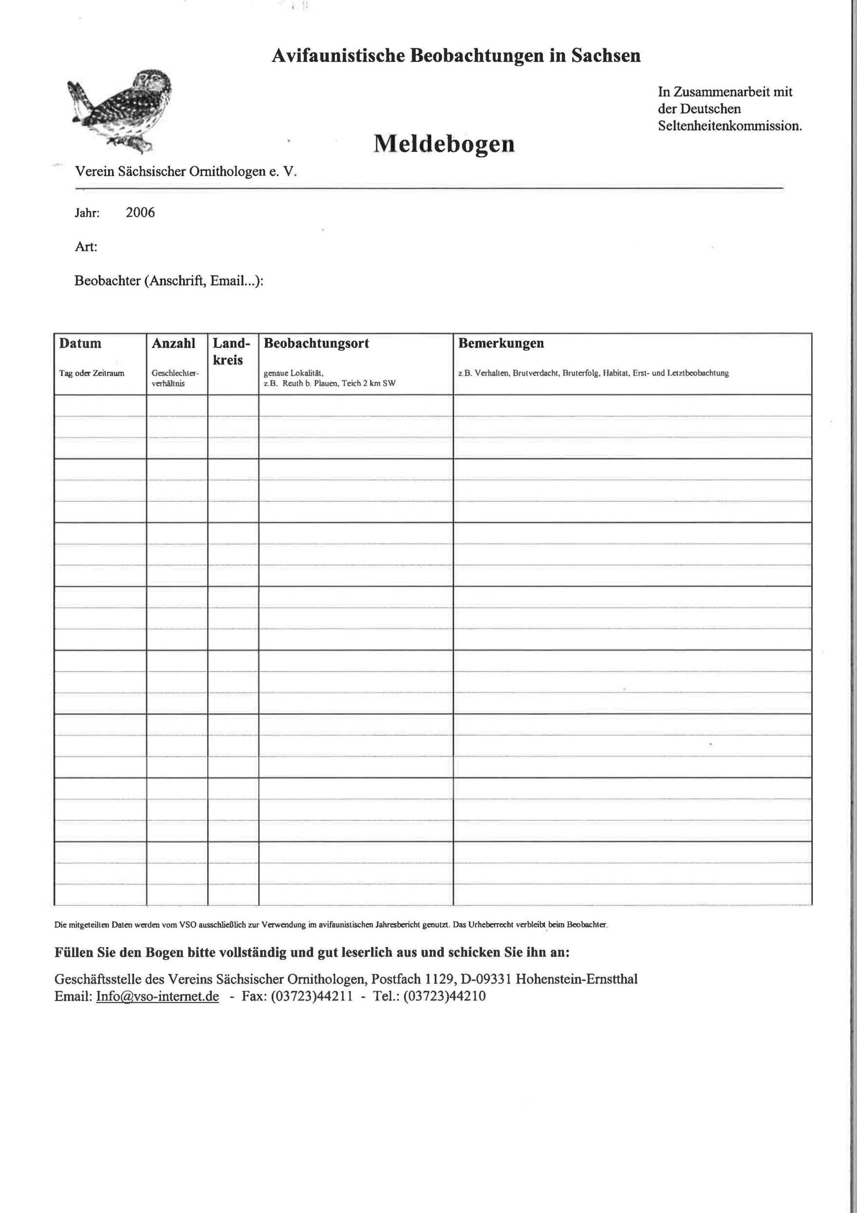 Formular Ornithologische Beobachtungen in Sachsen